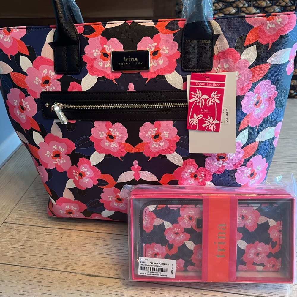 Trina Turk Pink Floral Tote with Navy and Black Accents